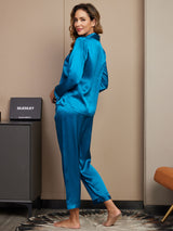 [Teal] SilkSilky  Long Sleeve Lapel Collar Women's Pajamas 002