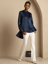 [Dark Blue] SilkSilky  Long Sleeve Stand Collar Blouse 008
