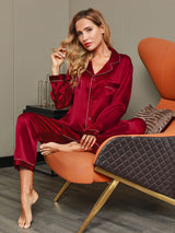 [Wine] SilkSilky  Long Sleeve Lapel Collar Women's Pajamas 008