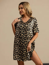 [Leopard] SilkSilky  Half Sleeve V Neck Nightgown 004