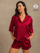Women's washable silk notch collar pajama set in red with shorts and side pockets