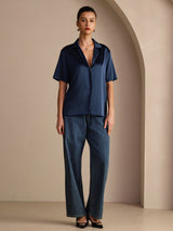 [Dark Blue] SilkSilky  Short Sleeve Lapel Collar Women's Shirts 006