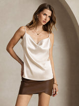 [Beige] SilkSilky  Spaghetti Strap Cowl Neck Camisole Top 003