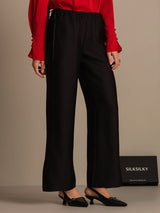 Black silk-wool blend straight-leg pants with drawstring waist and side pockets