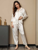 [White] SilkSilky  Long Sleeve Lapel Collar Women's Pajamas 004