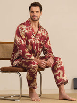 Men's burgundy silk dragon print pajama set with notch collar and long sleeves