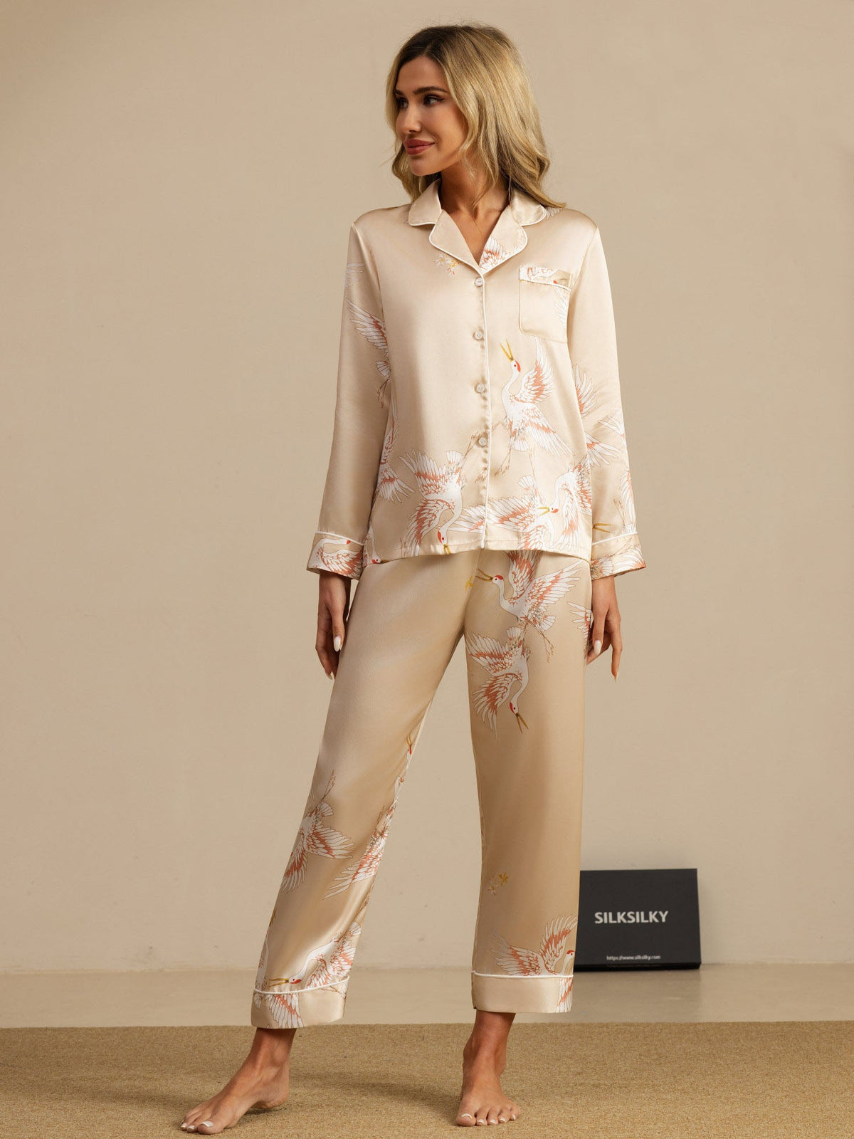 [Champagne] SilkSilky  Long Sleeve Lapel Collar Women's Pajamas 001