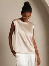 [Beige] SilkSilky  Cap Sleeve Round Neck Women's T-Shirt 006