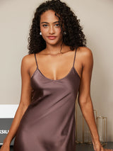 [Coffee] SilkSilky  Spaghetti Strap V Neck Nightgown 004