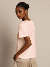 Light pink silk jersey women’s short sleeve round neck T-shirt, relaxed fit
