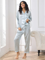 [Light Blue] SilkSilky  Long Sleeve Lapel Collar Women's Pajamas 004