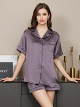 [Purple Gray] SilkSilky  Short Sleeve Lapel Collar Women's Pajamas 003