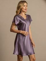 [Purple Gray] SilkSilky  Short Sleeve V Neck Nightgown 001