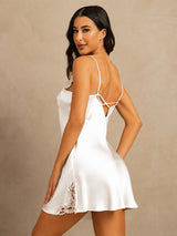 [White] SilkSilky  Spaghetti Strap V Neck Nightgown 002