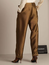 Women’s high waist tapered cropped silk-wool blend pants in brown, back view