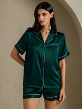 [Dark Green] SilkSilky  Short Sleeve Lapel Collar Women's Pajamas 006