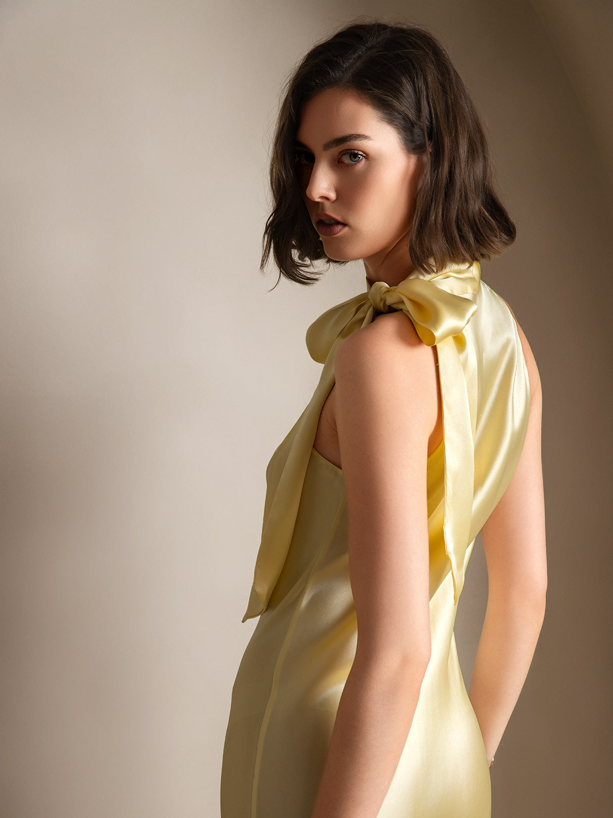 [Light Yellow] SilkSilky  Sleeveless Tie Neck Dress 002