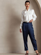 [White] SilkSilky  19Momme Stretch Silk Charmeuse Long Sleeve Tie Neck Blouse 003