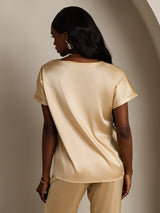 [Champagne] SilkSilky  19Momme Stretch Silk Charmeuse Short Sleeve Boat Neck Women's T-Shirt 002