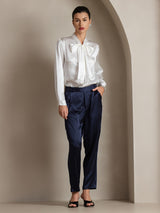 [White] SilkSilky  19Momme Stretch Silk Charmeuse Long Sleeve Tie Neck Blouse 004