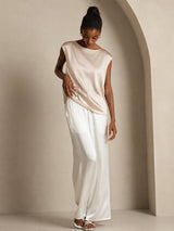 [Beige] SilkSilky  Cap Sleeve Round Neck Women's T-Shirt 006