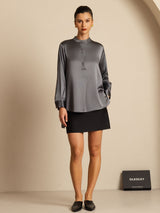 [Dark Gray] SilkSilky  Long Sleeve Stand Collar Blouse 007