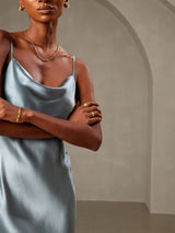 [Grayish Blue] SilkSilky  Spaghetti Strap Cowl Neck Nightgown 006