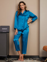 [Teal] SilkSilky  Long Sleeve Lapel Collar Women's Pajamas 004