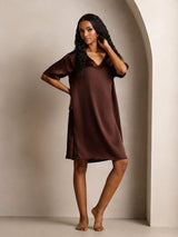 [Brown] SilkSilky  Half Sleeve V Neck Nightgown 006