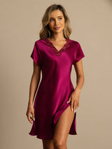 [Wine] SilkSilky  Short Sleeve V Neck Nightgown 003
