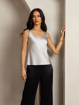 Silver-gray silk sleeveless U-neck tank top with straight fit