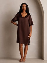 [Brown] SilkSilky  Half Sleeve V Neck Nightgown 008