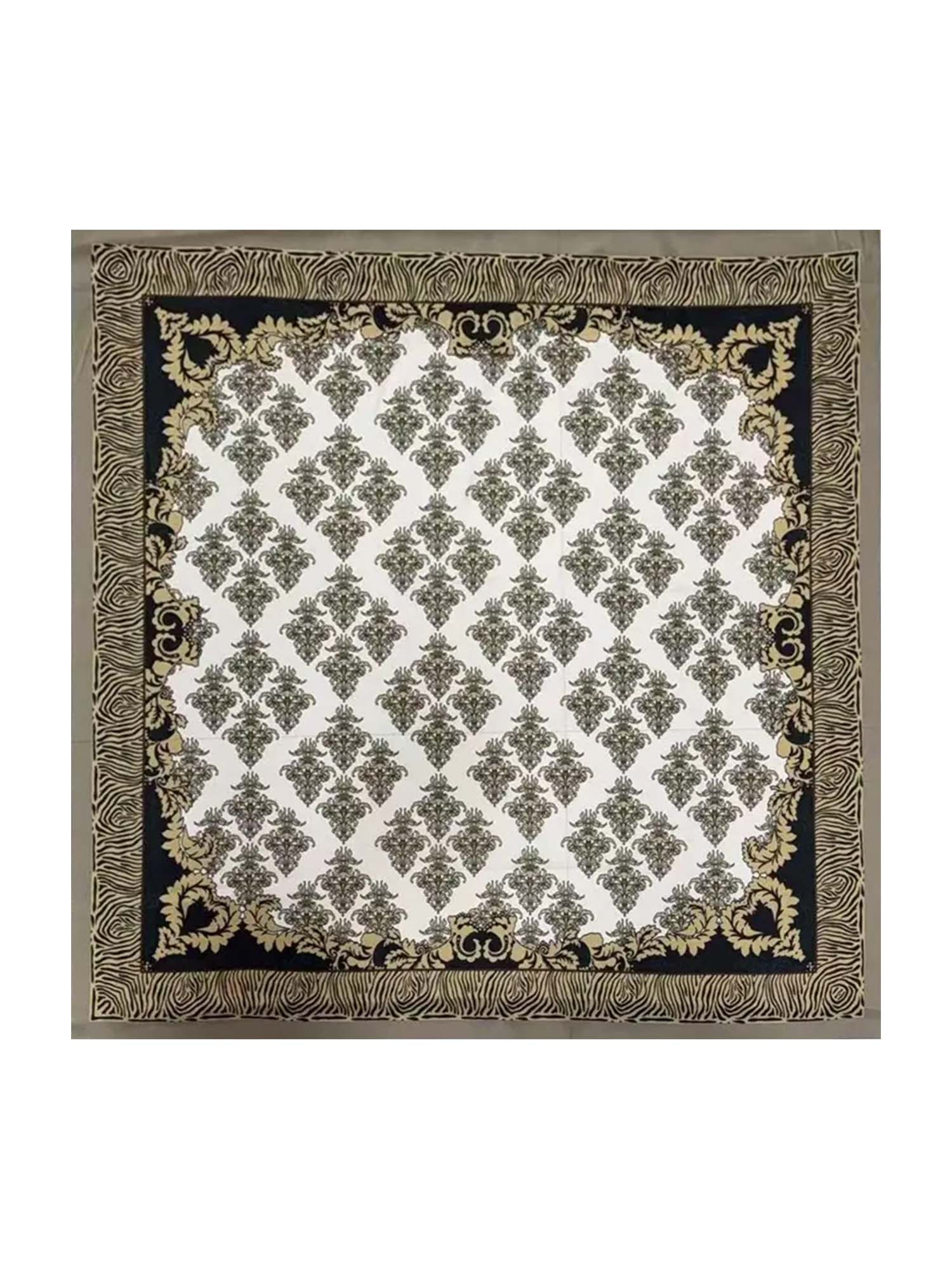 Pure silk square scarf with vintage baroque border and neutral damask pattern
