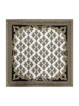 Pure silk square scarf with vintage baroque border and neutral damask pattern