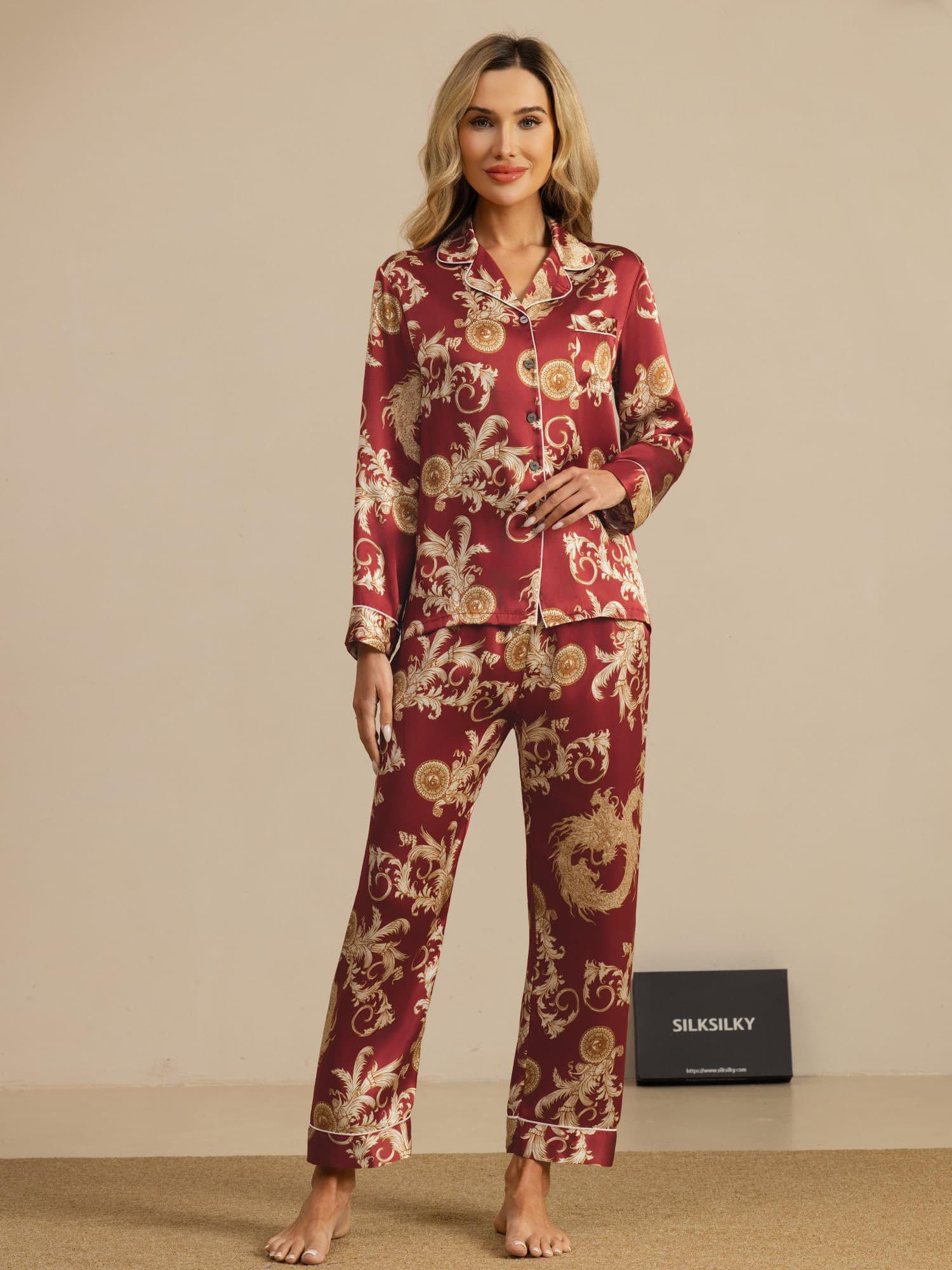 [Wine Dragon] SilkSilky  Long Sleeve Lapel Collar Women's Pajamas 001