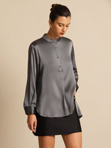 [Dark Gray] SilkSilky  Long Sleeve Stand Collar Blouse 009
