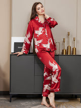 [Dark Red] SilkSilky  19Momme Long Sleeve Notch Collar Women's Pajamas 002