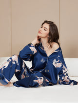 [Dark Blue] SilkSilky  19Momme Long Sleeve Notch Collar Women's Pajamas 001