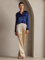 [Dark Blue] SilkSilky  Long Sleeve Lapel Collar Women's Shirt 003