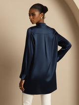 [Dark Blue] SilkSilky  Long Sleeve Stand Collar Blouse 002