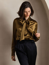 [Brown] SilkSilky  19Momme Stretch Silk Charmeuse Long Sleeve Tie Neck Blouse 004