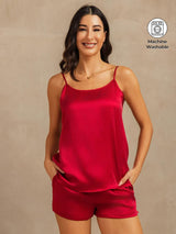 Red washable silk camisole and shorts set with adjustable straps