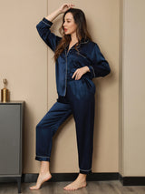 [Dark Blue] SilkSilky  Long Sleeve Lapel Collar Women's Pajamas 001
