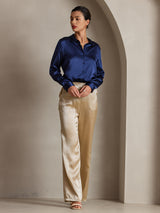 [Dark Blue] SilkSilky  Long Sleeve Lapel Collar Women's Shirt 006