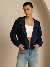 Women’s navy silk hooded jacket with front zipper, long sleeves, and side pockets