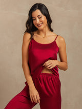Burgundy silk spaghetti-strap cami and wide-leg pants set