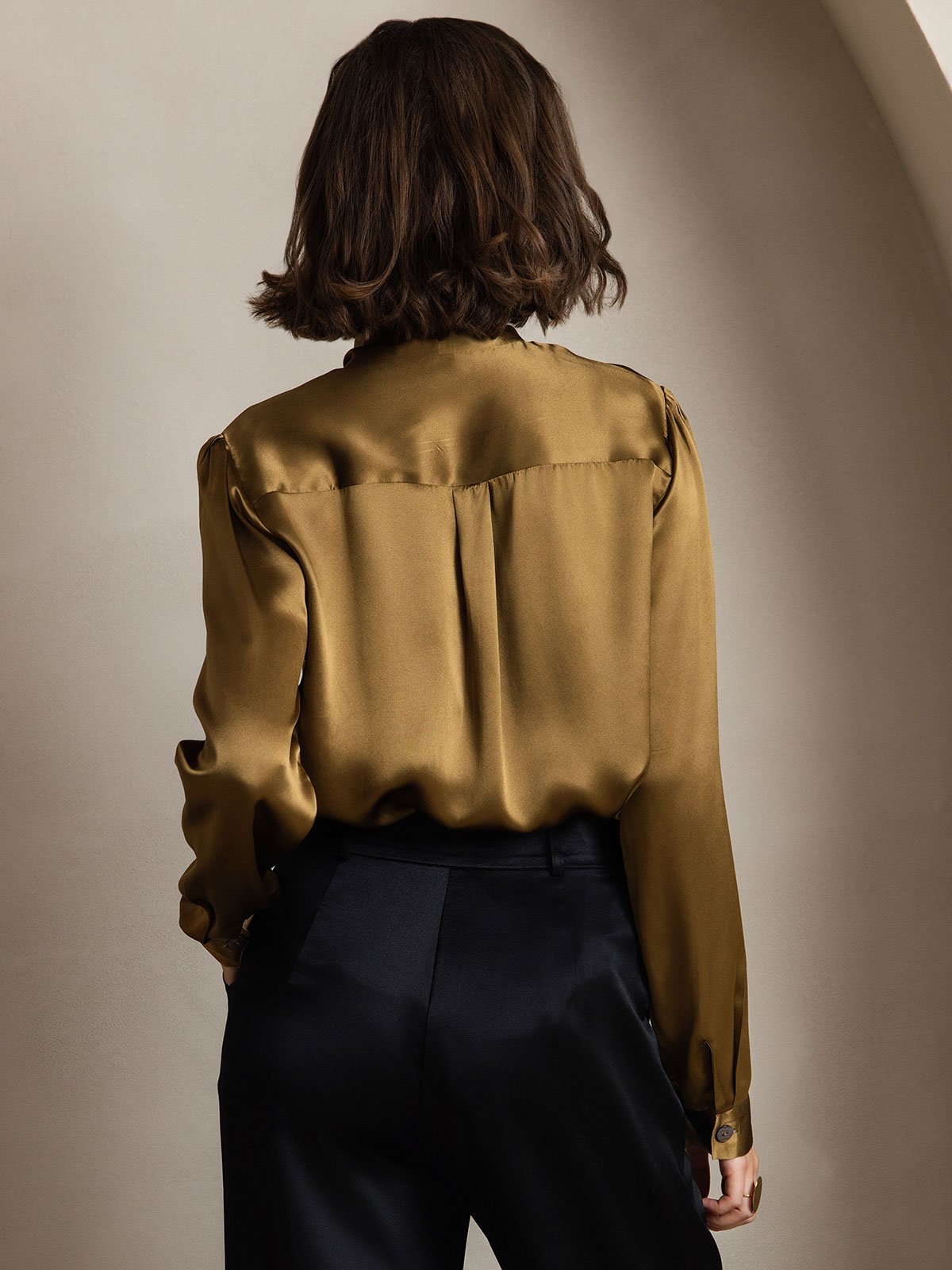 [Brown] SilkSilky  Long Sleeve Tie Neck Women's Blouse 002