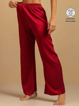 Red washable silk wide-leg sleep pants with elastic waist and machine washable label