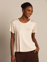 [Beige] SilkSilky  100% Silk Jersey Short Sleeve Round Neck Women's T-Shirt 001