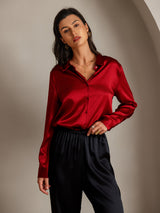 [Red] SilkSilky  Long Sleeve Lapel Collar Women's Shirt 003